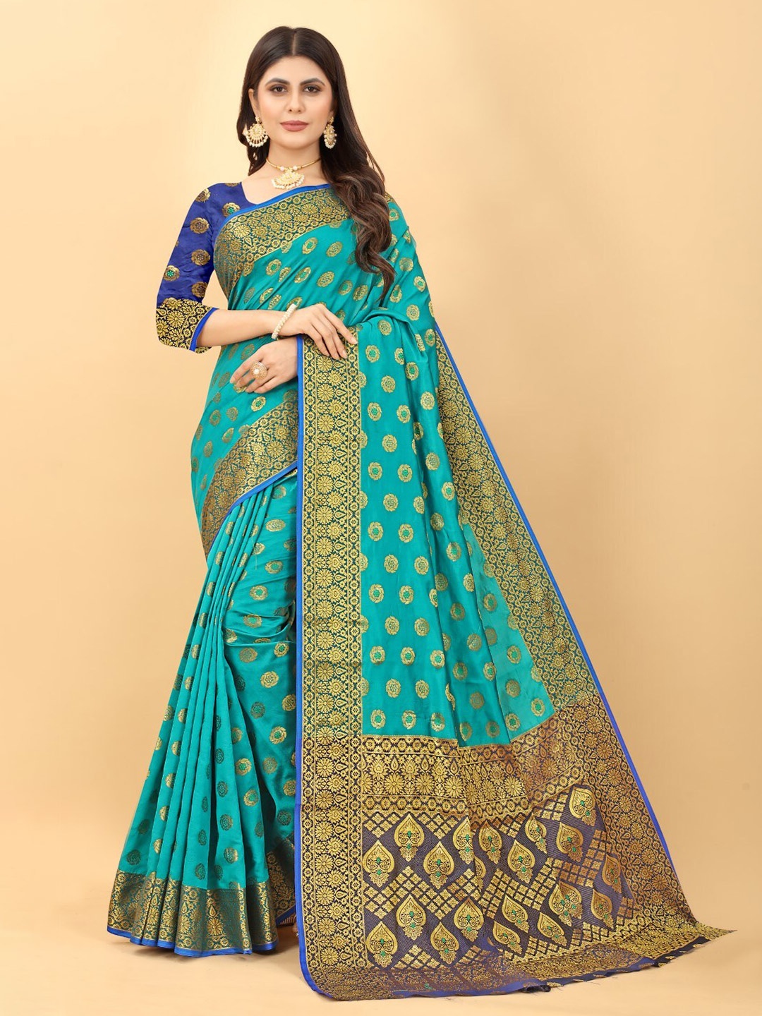 

ZEEPKART Ethinic Woven Design Zari Kanjeevaram Saree, Turquoise blue