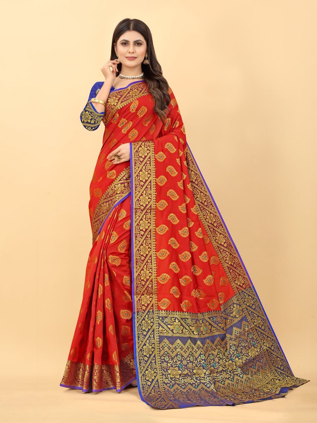 

ZEEPKART Ethnic Motif Woven Design Kanjeevaram Saree, Red