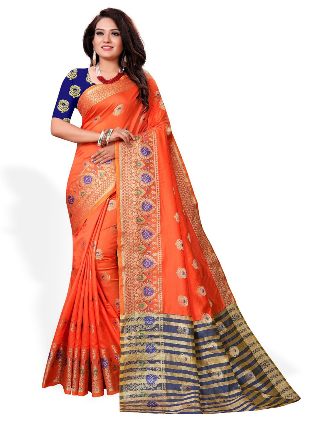 

ZEEPKART Ethnic Motifs Woven Design Zari Kanjeevaram Saree, Orange