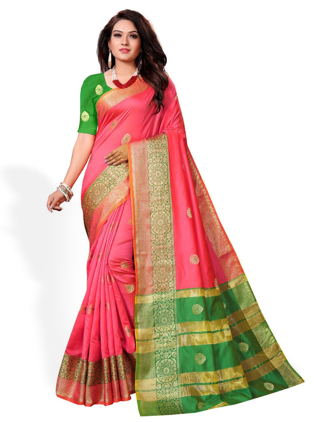 

ZEEPKART Ethnic Motif Woven Design Zari Kanjeevaram Saree, Pink