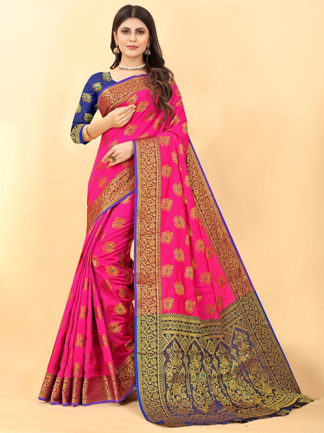 

ZEEPKART Ethnic Motifs Woven Design Zari Kanjeevaram Saree, Pink
