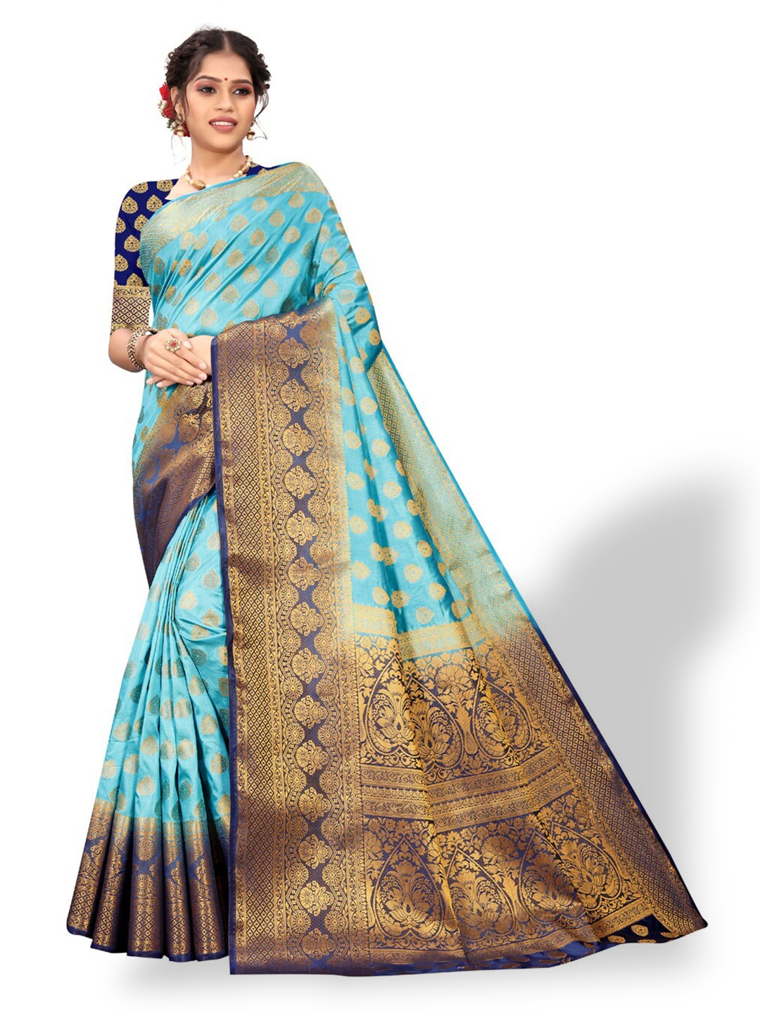 

ZEEPKART Ethnic Motifs Woven Design Zari Kanjeevaram Saree, Blue