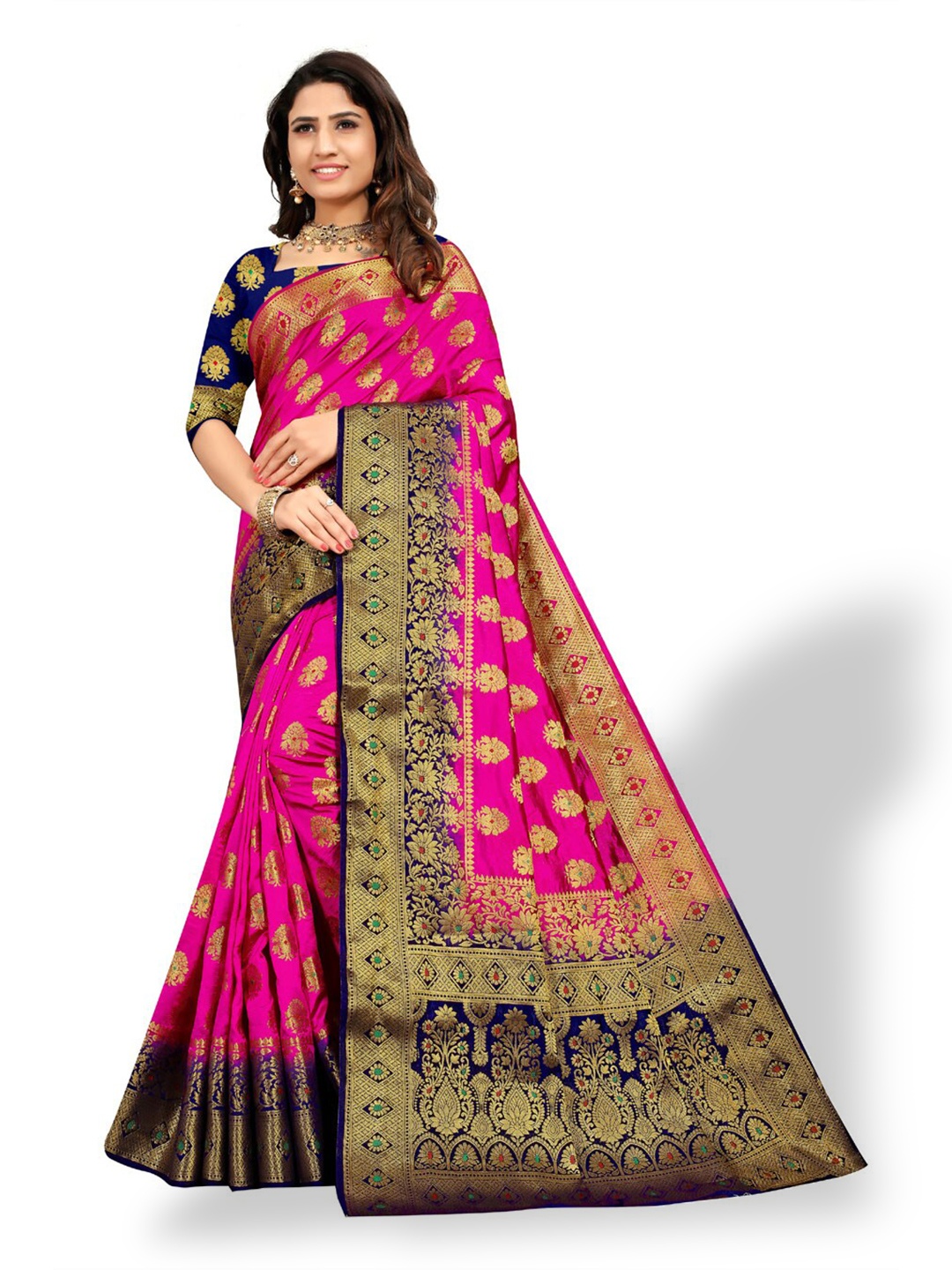 

ZEEPKART Floral Woven Design Zari Kanjeevaram Saree, Pink