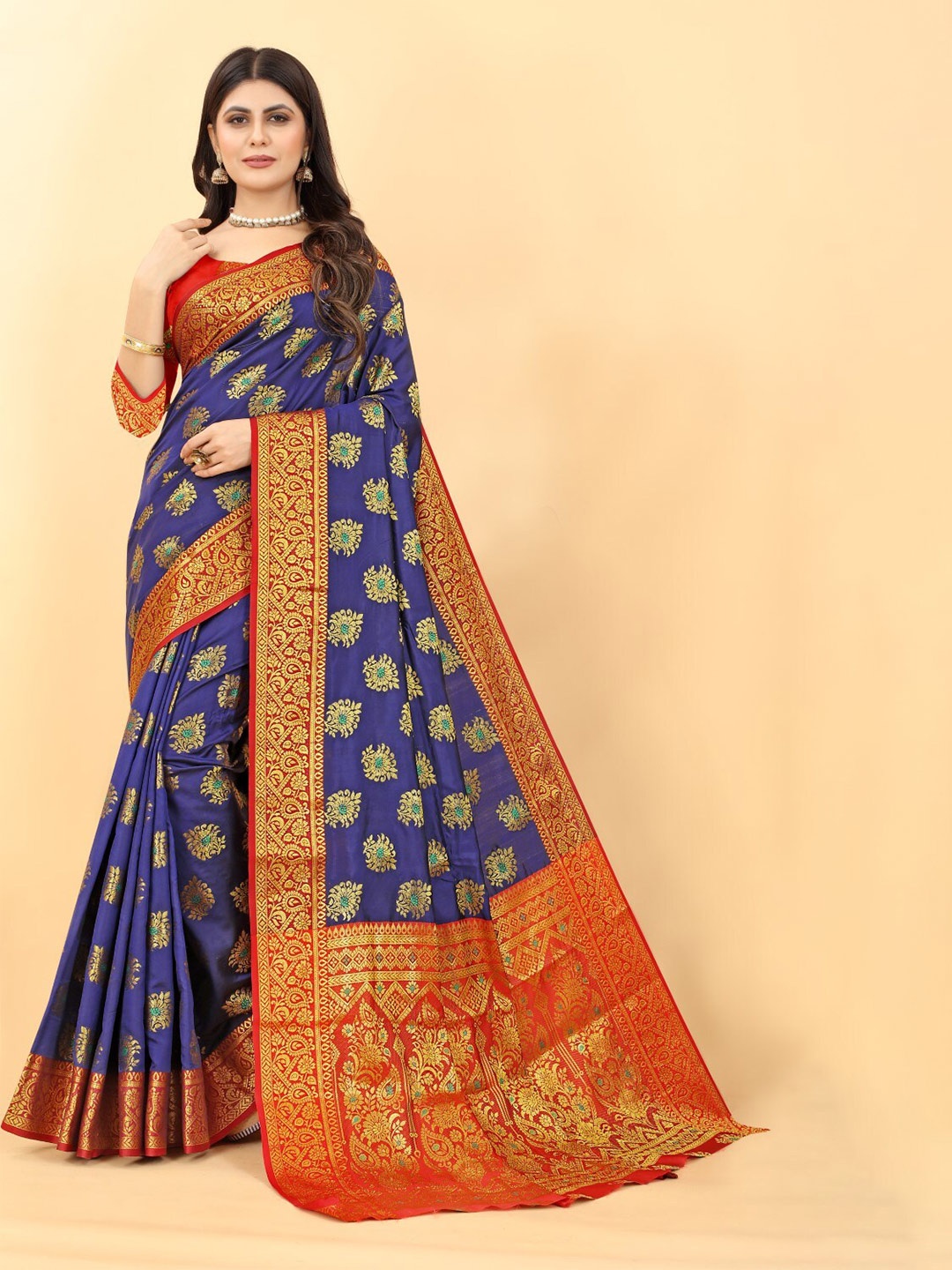 

ZEEPKART Ethnic Motifs Woven Design Zari Kanjeevaram Saree, Blue