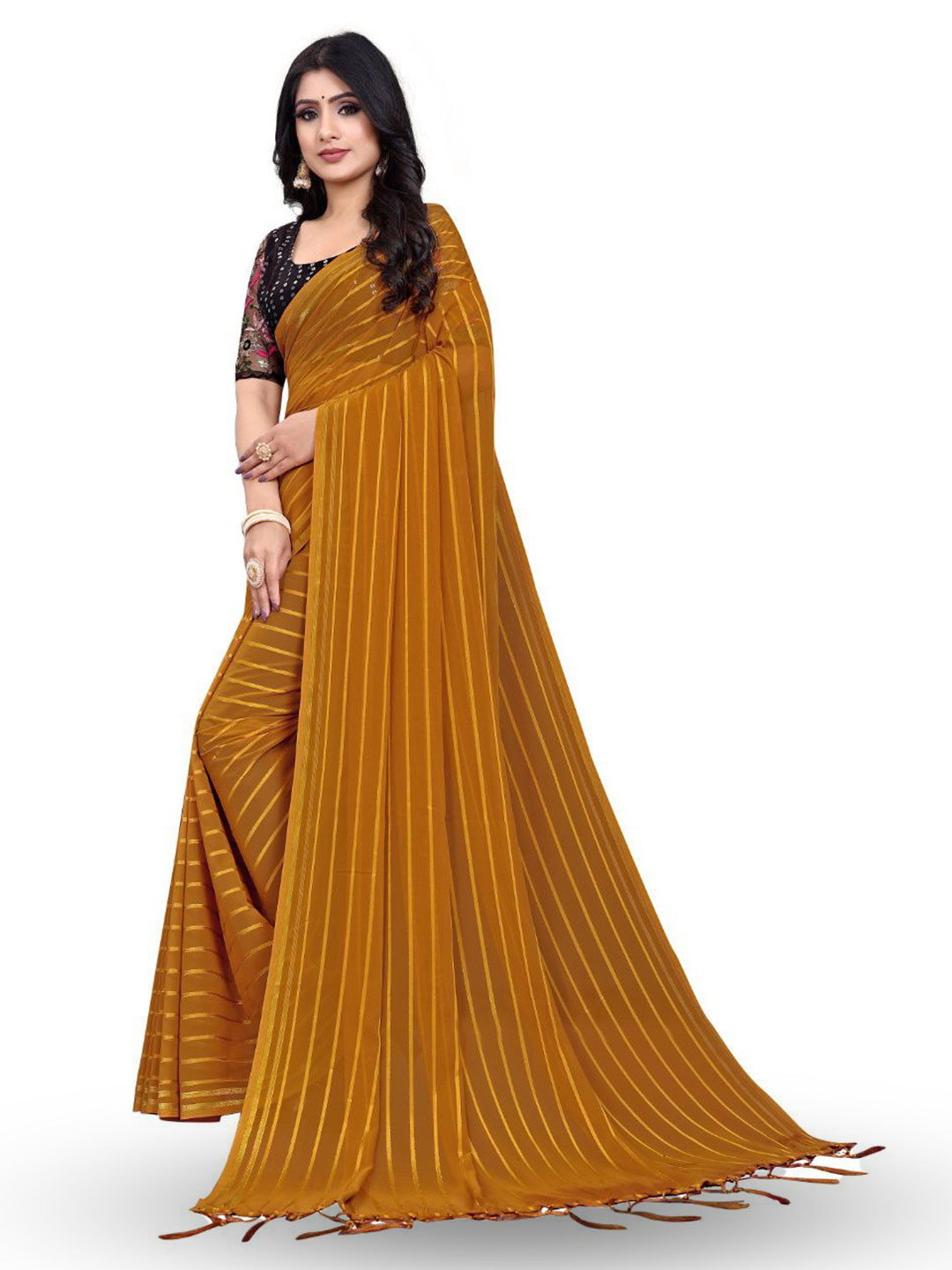 

ZEEPKART Striped Kanjeevaram Saree, Brown