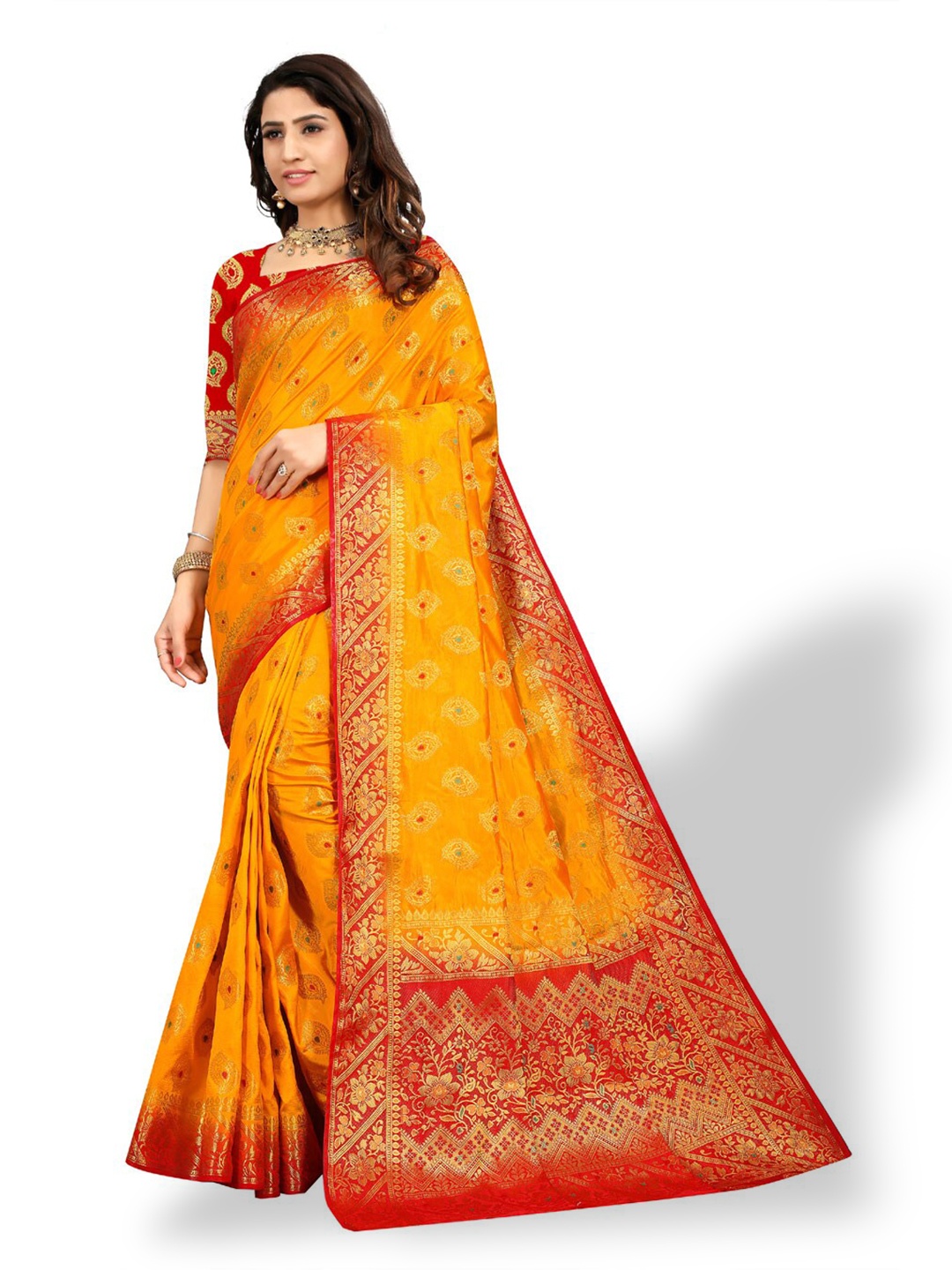 

ZEEPKART Ethnic Motifs Woven Design Zari Kanjeevaram Saree, Yellow