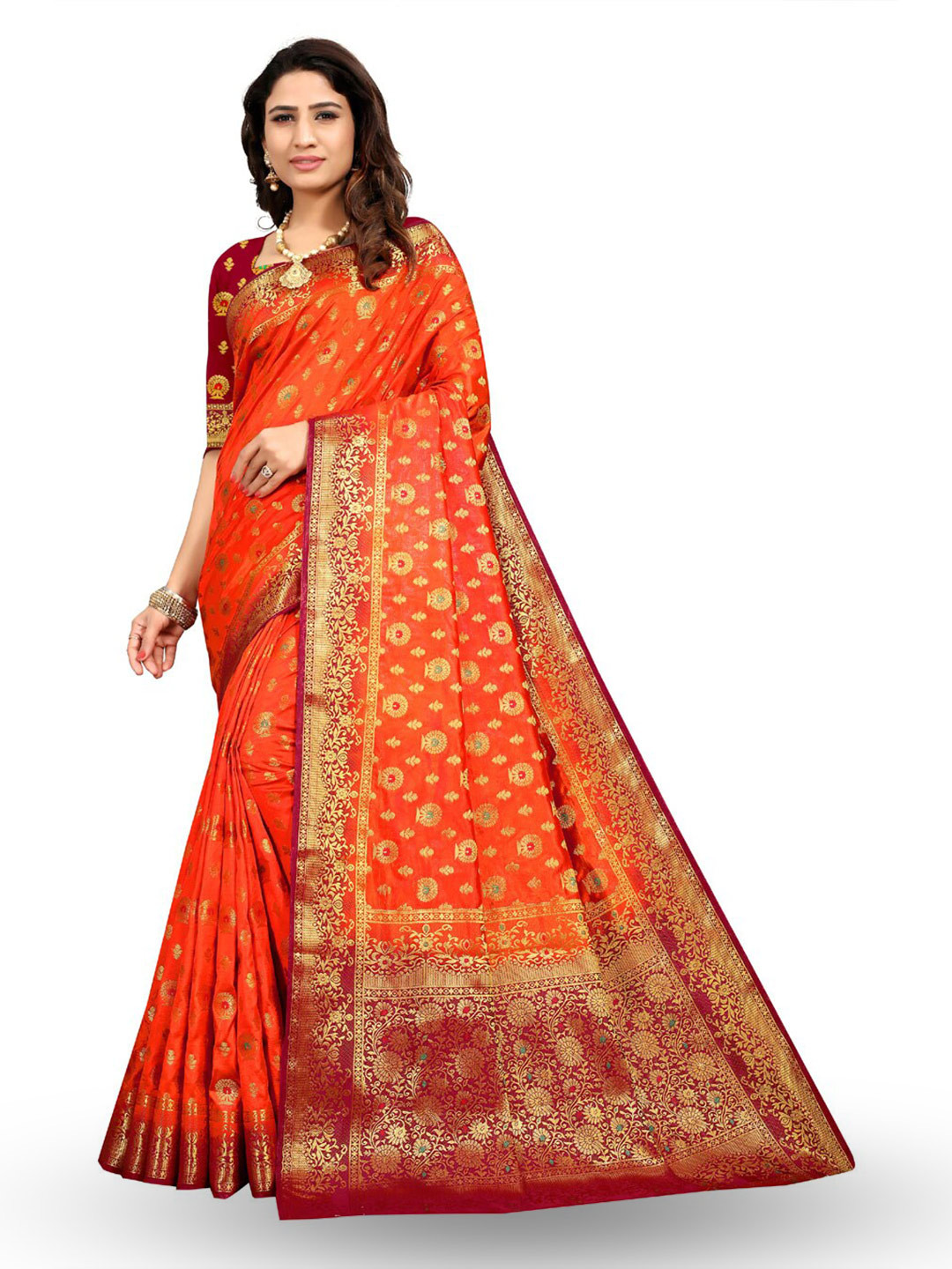 

ZEEPKART Ethnic Motif Woven Design Zari Kanjeevaram Saree, Orange