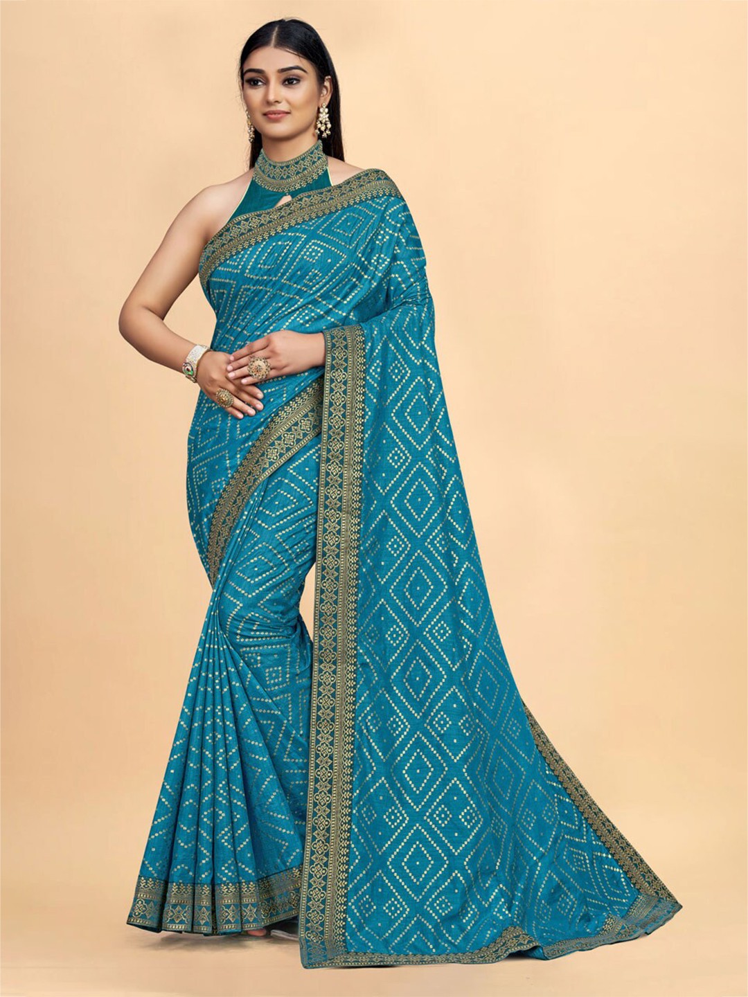 

ZEEPKART Geometric Printed Zari Saree, Blue
