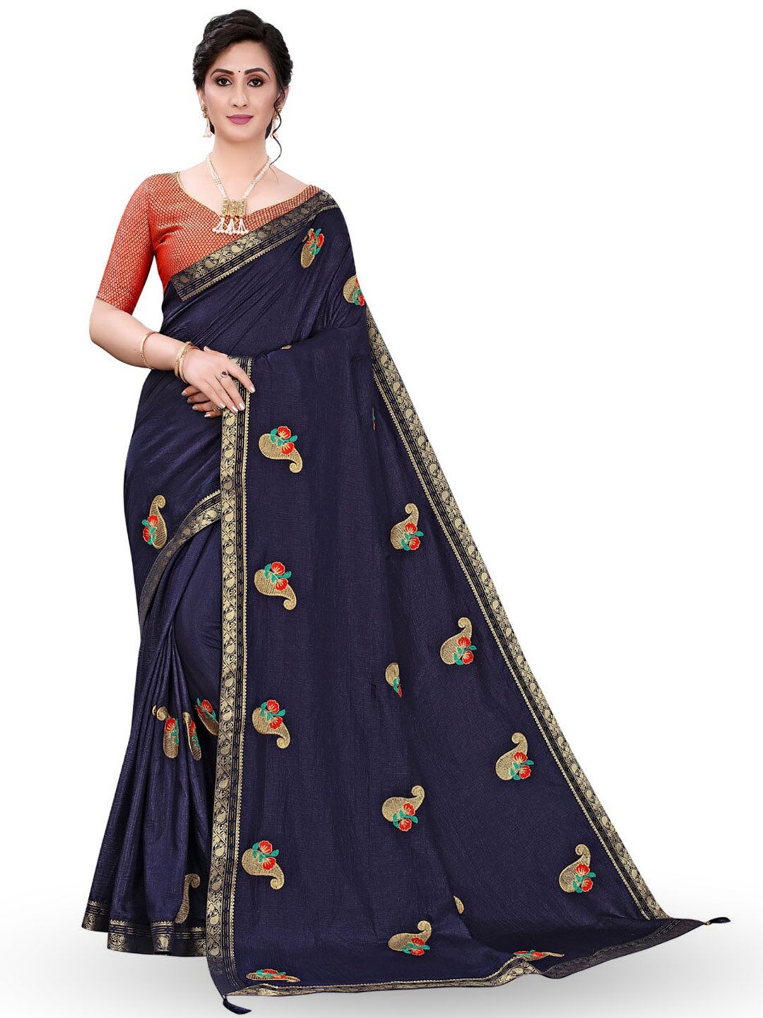 

ZEEPKART Floral Embroidered Saree, Navy blue