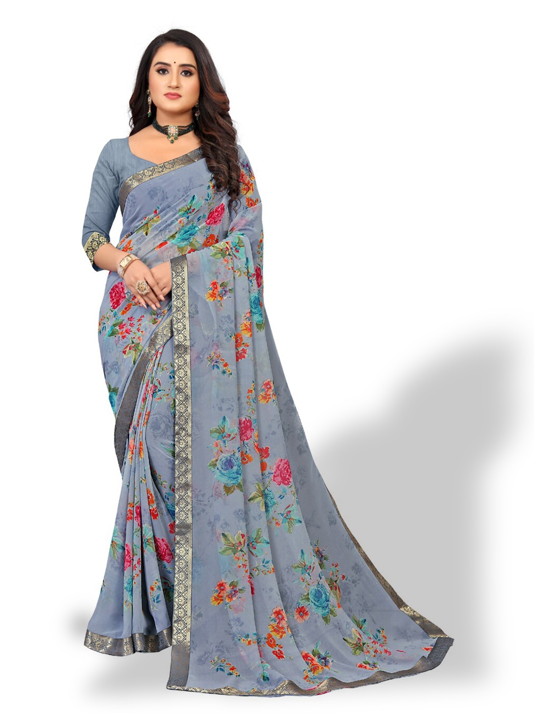 

ZEEPKART Floral Printed Zari Saree, Grey