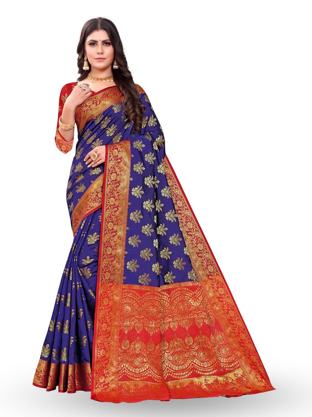 

ZEEPKART Floral Woven Design Zari Kanjeevaram Saree, Navy blue