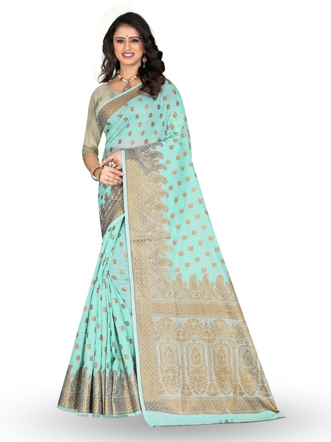 

ZEEPKART Gold-Toned Woven Design Zari Kanjeevaram Saree, Blue