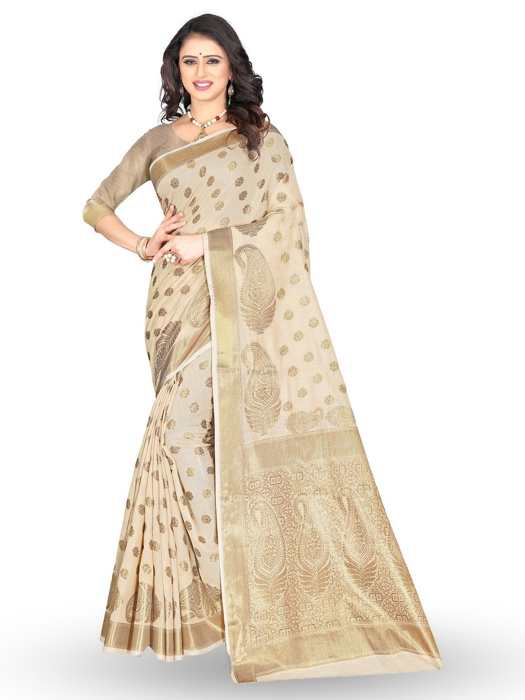 

ZEEPKART Ethnic Motifs Woven Design Zari Kanjeevaram Saree, Cream