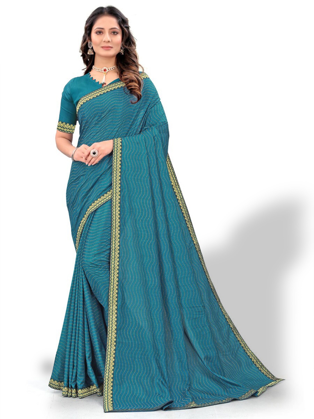 

ZEEPKART Striped Poly Silk Kanjeevaram Zari Saree, Blue