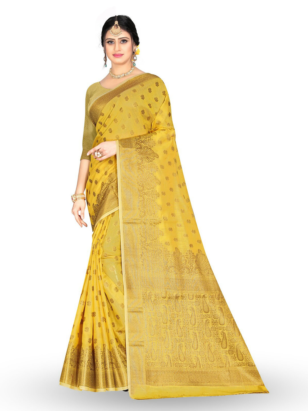 

ZEEPKART Floral Woven Design Zari Kanjeevaram Saree, Yellow