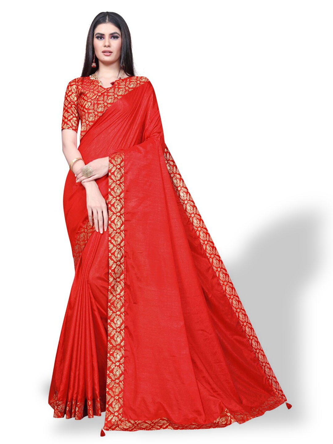 

ZEEPKART Ethnic Designed Zari Border Saree, Red