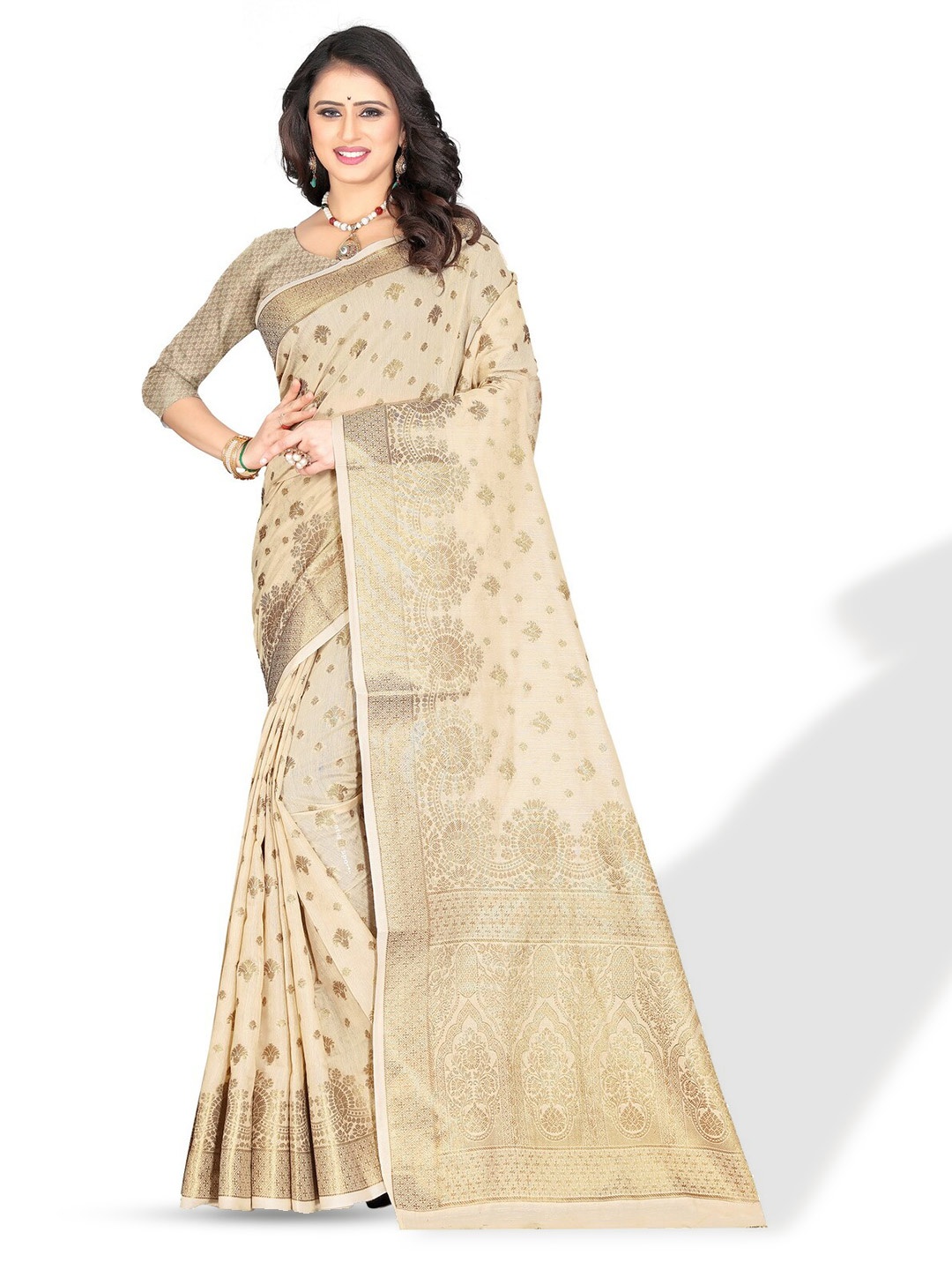 

ZEEPKART Ethinic Woven Design Zari Kanjeevaram Saree, Cream