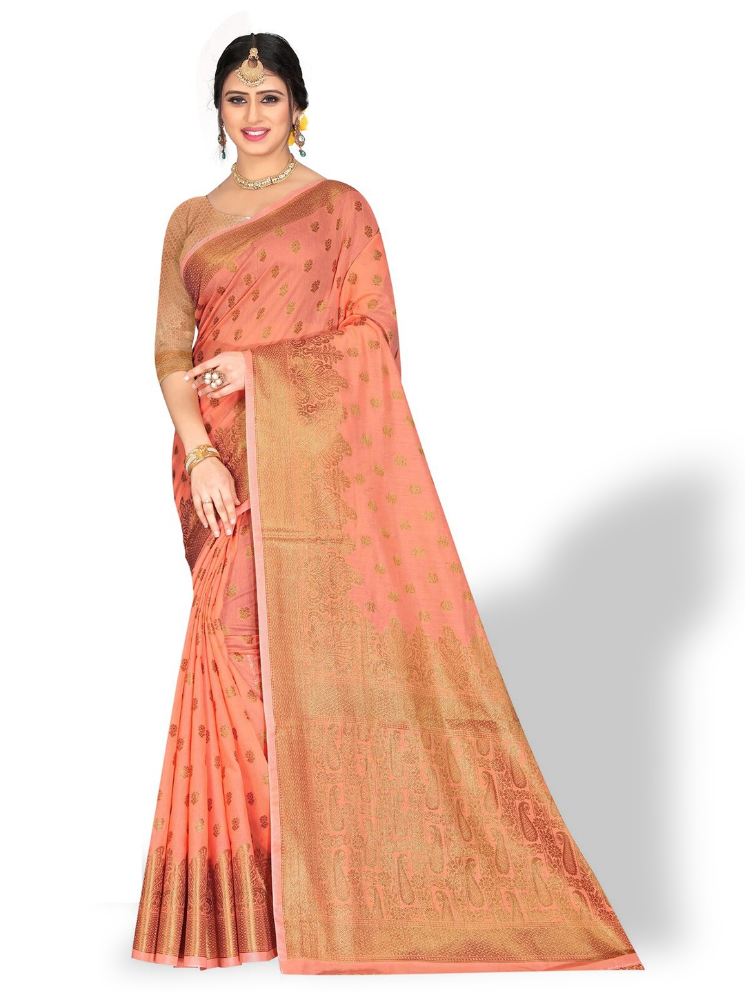 

ZEEPKART Woven Design Zari Kanjeevaram Saree, Peach