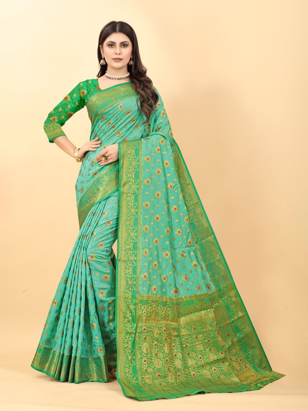 

ZEEPKART Ethnic Motifs Woven Design Zari Kanjeevaram Saree, Blue
