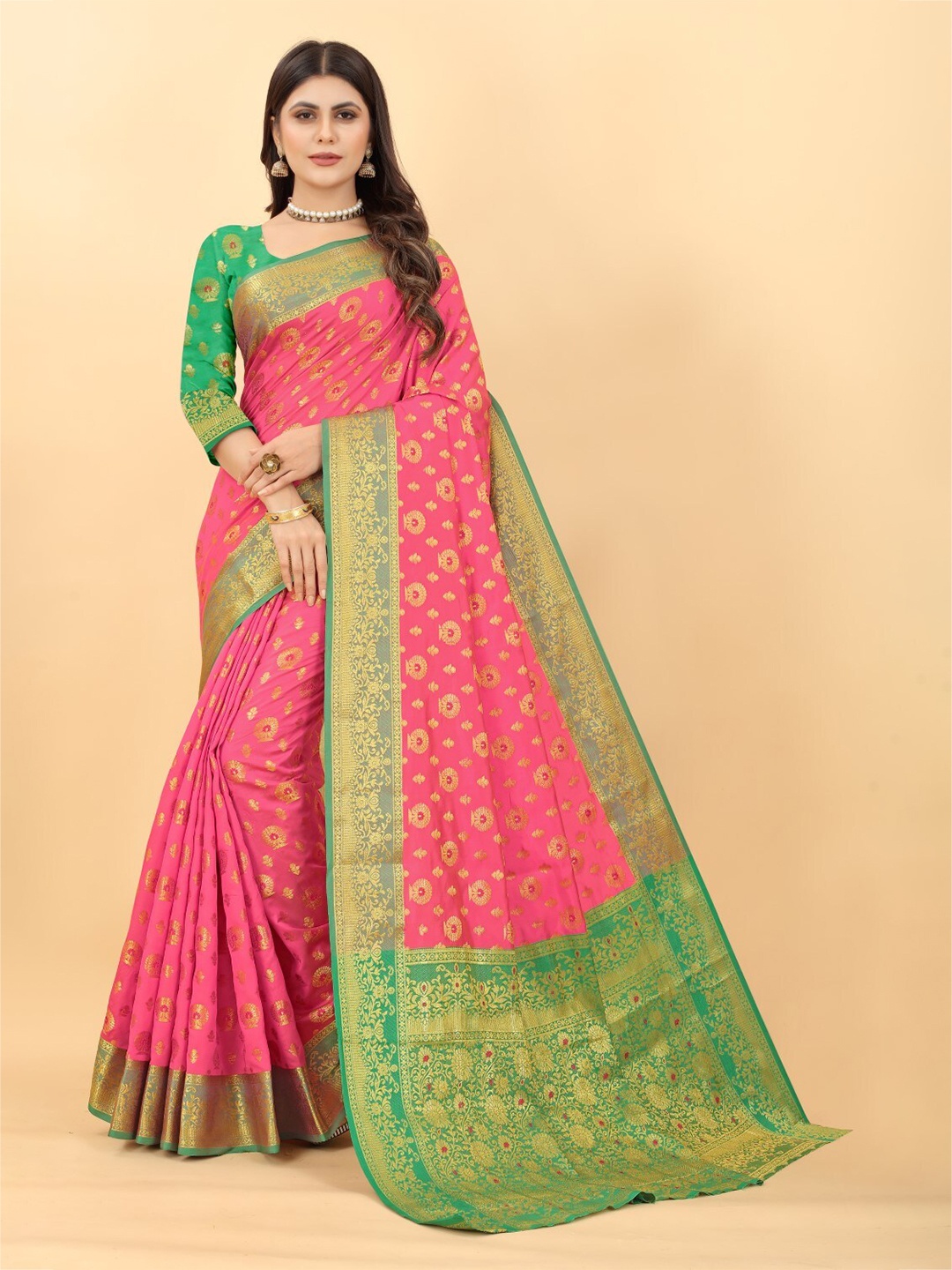 

ZEEPKART Woven Design Zari Kanjeevaram Saree, Pink