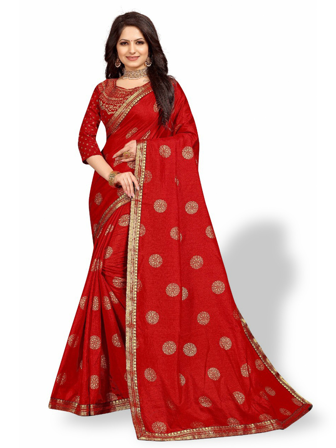 

ZEEPKART Ethnic Motifs Woven Design Poly Silk Kanjeevaram Saree, Red
