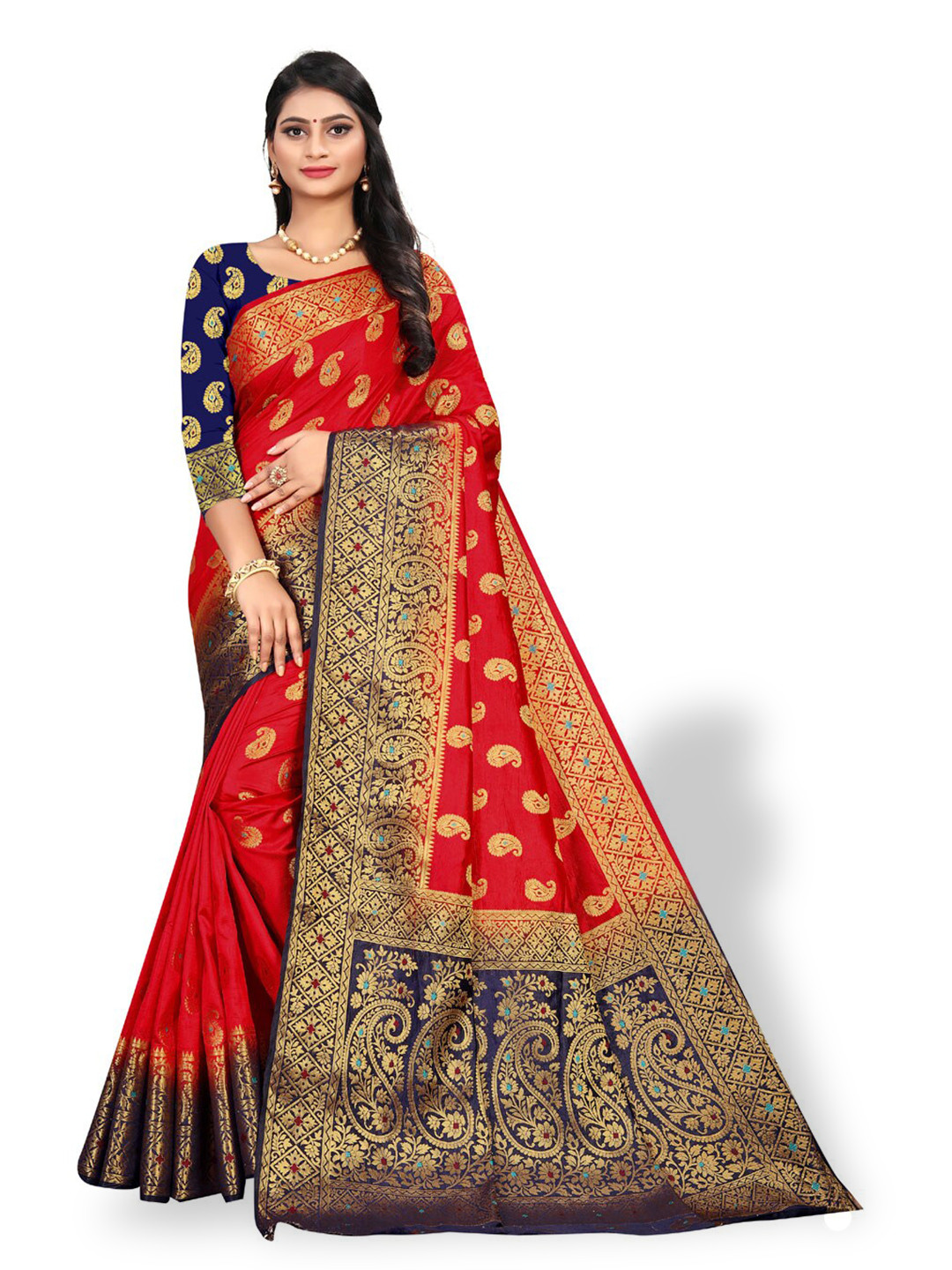 

ZEEPKART Woven Design Zari Kanjeevaram Saree, Red