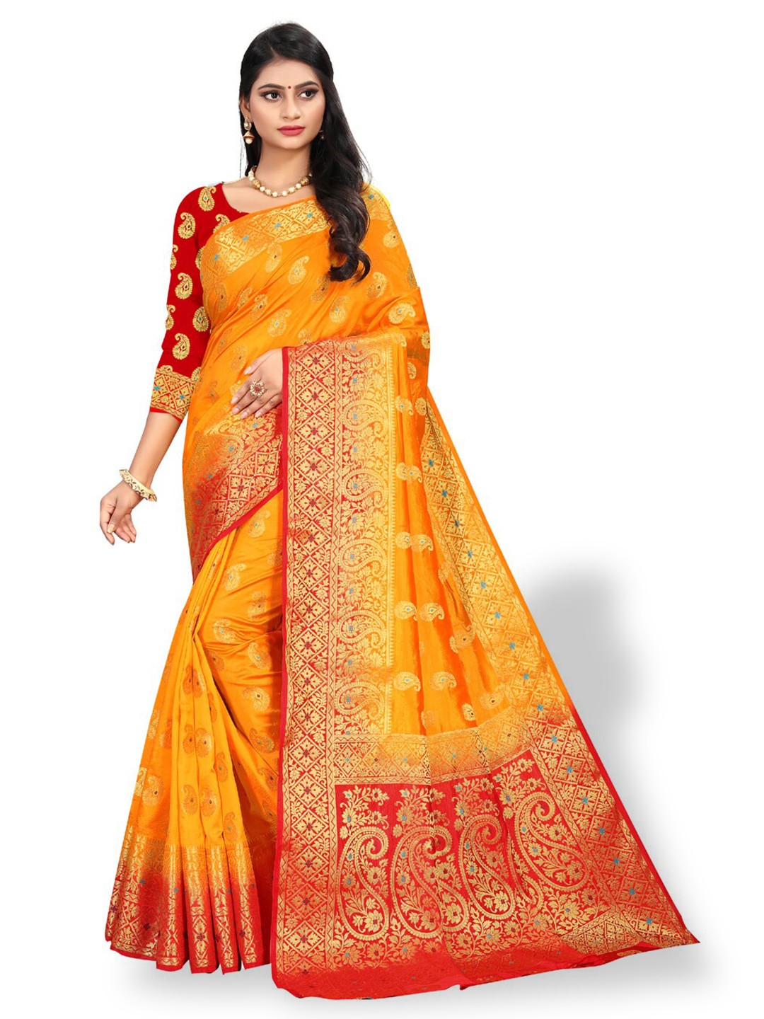 

ZEEPKART Ethnic Motifs Woven Design Zari Kanjeevaram Saree, Yellow