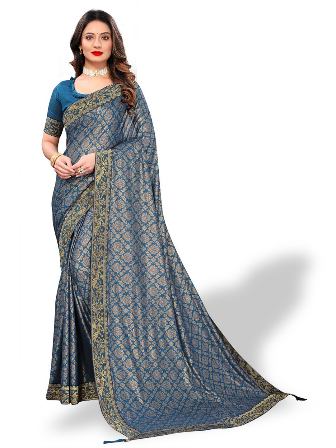 

ZEEPKART Ethnic Motif Printed Woven Design Zari Kanjeevaram Saree, Grey
