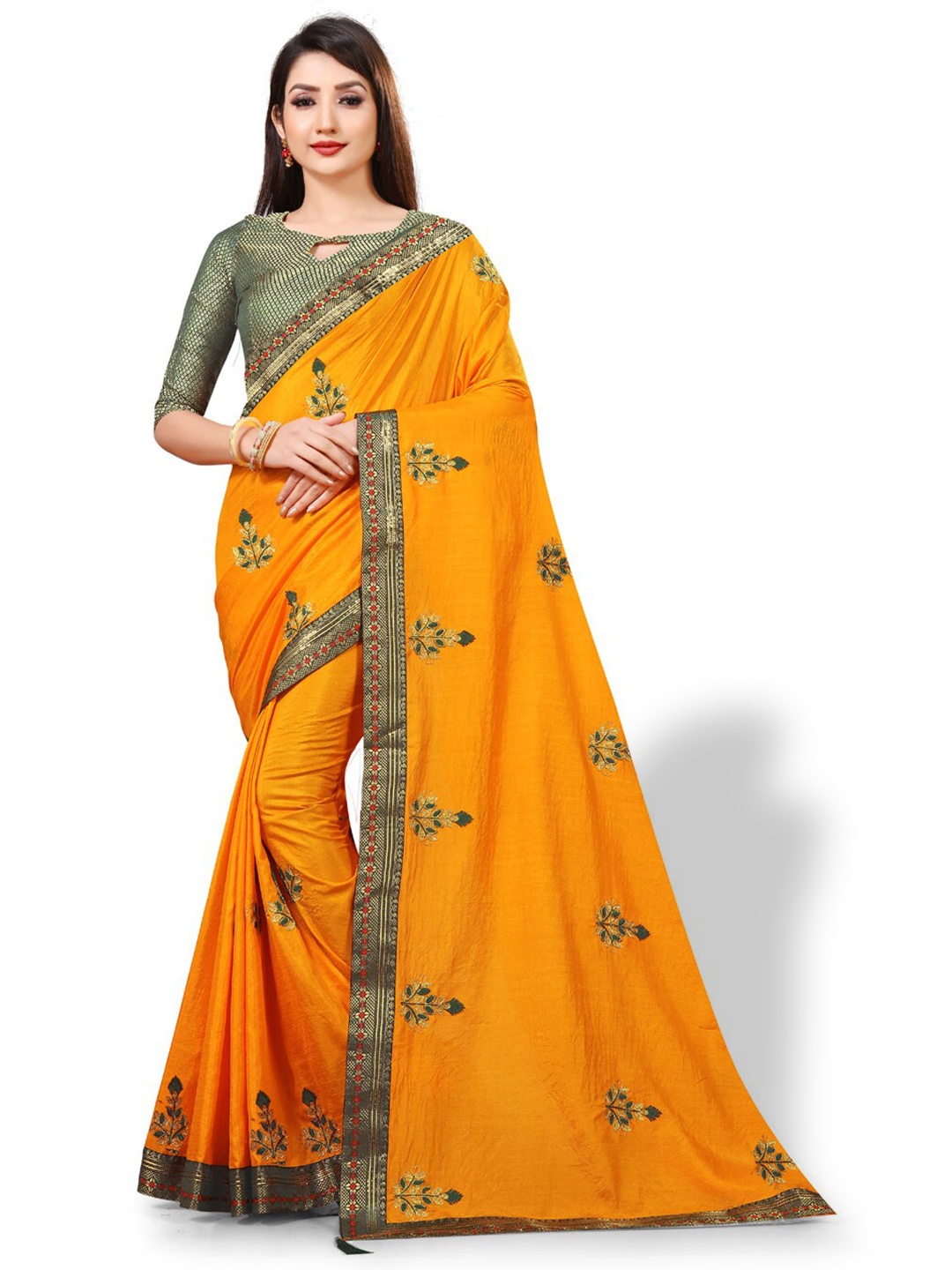 

ZEEPKART Floral Embroidered Zari Kanjeevaram Saree, Yellow