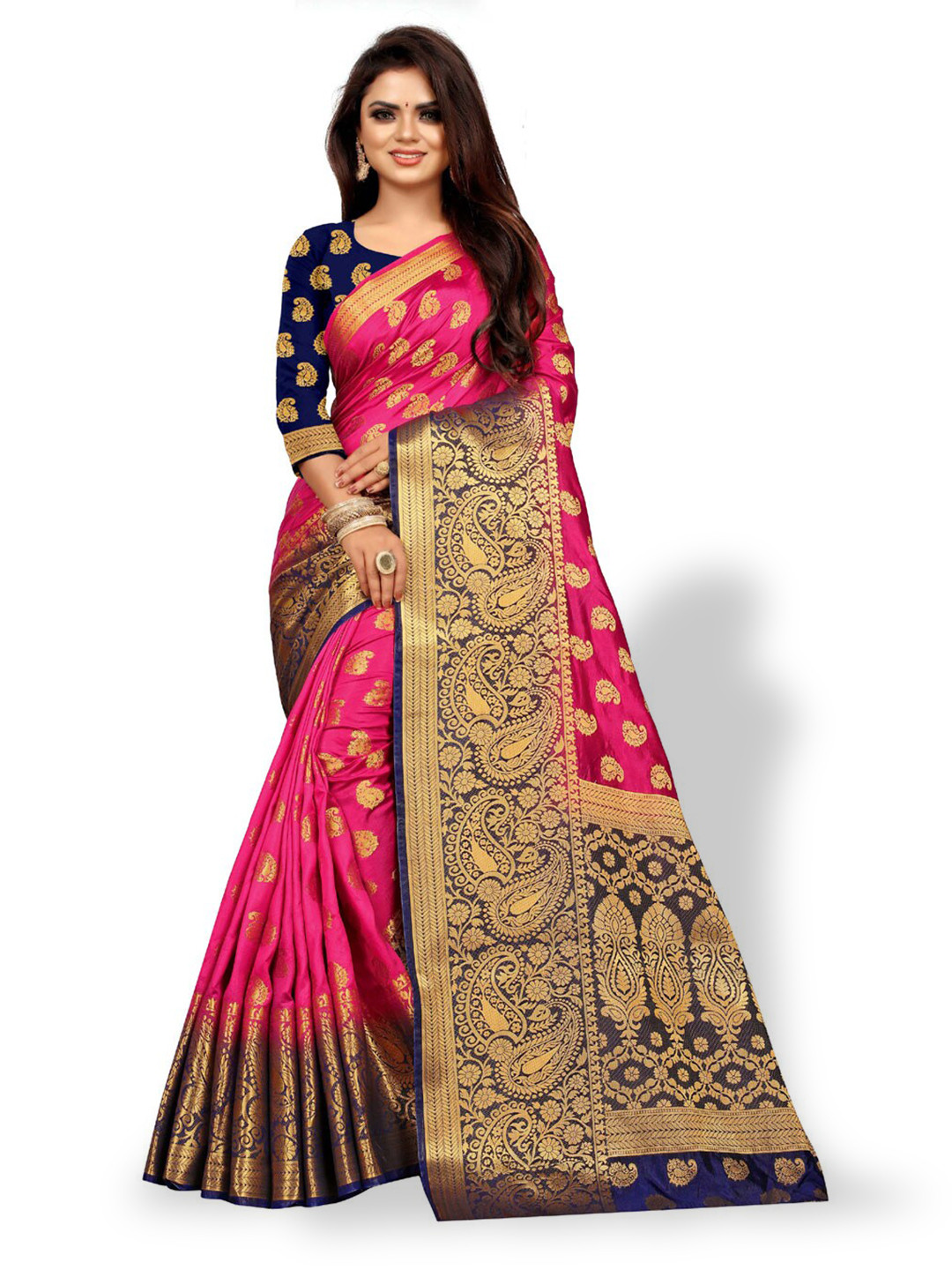 

ZEEPKART Ethnic Motifs Woven Design Zari Kanjeevaram Saree, Pink