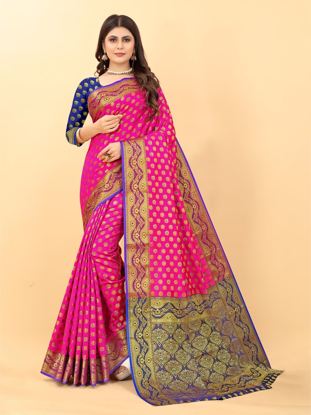 

ZEEPKART Woven Design Zari Kanjeevaram Saree, Pink