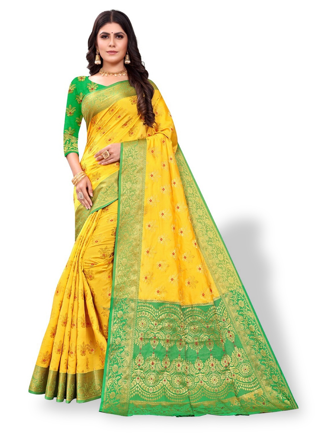 

ZEEPKART Ethnic Motifs Woven Design Zari Kanjeevaram Saree, Yellow