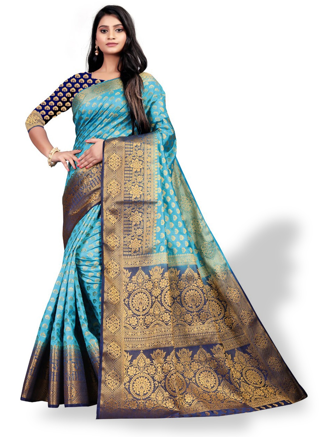 

ZEEPKART Ethnic Motif Woven Design Zari Kanjeevaram Saree, Blue