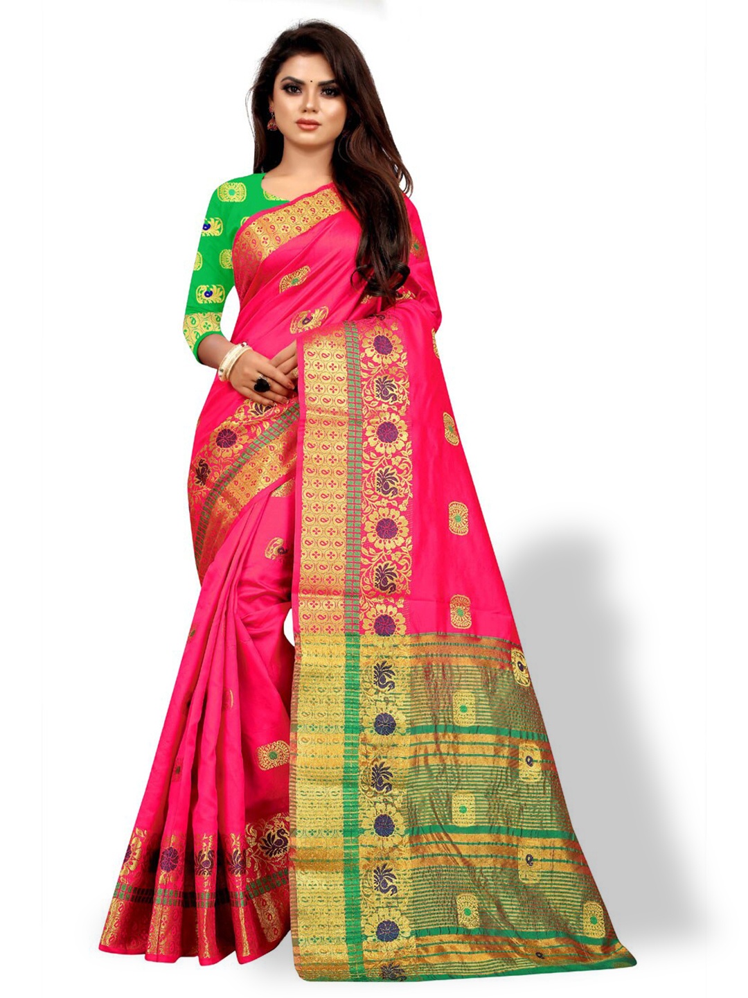 

ZEEPKART Ethnic Motif Woven Design Zari Kanjeevaram Saree, Pink