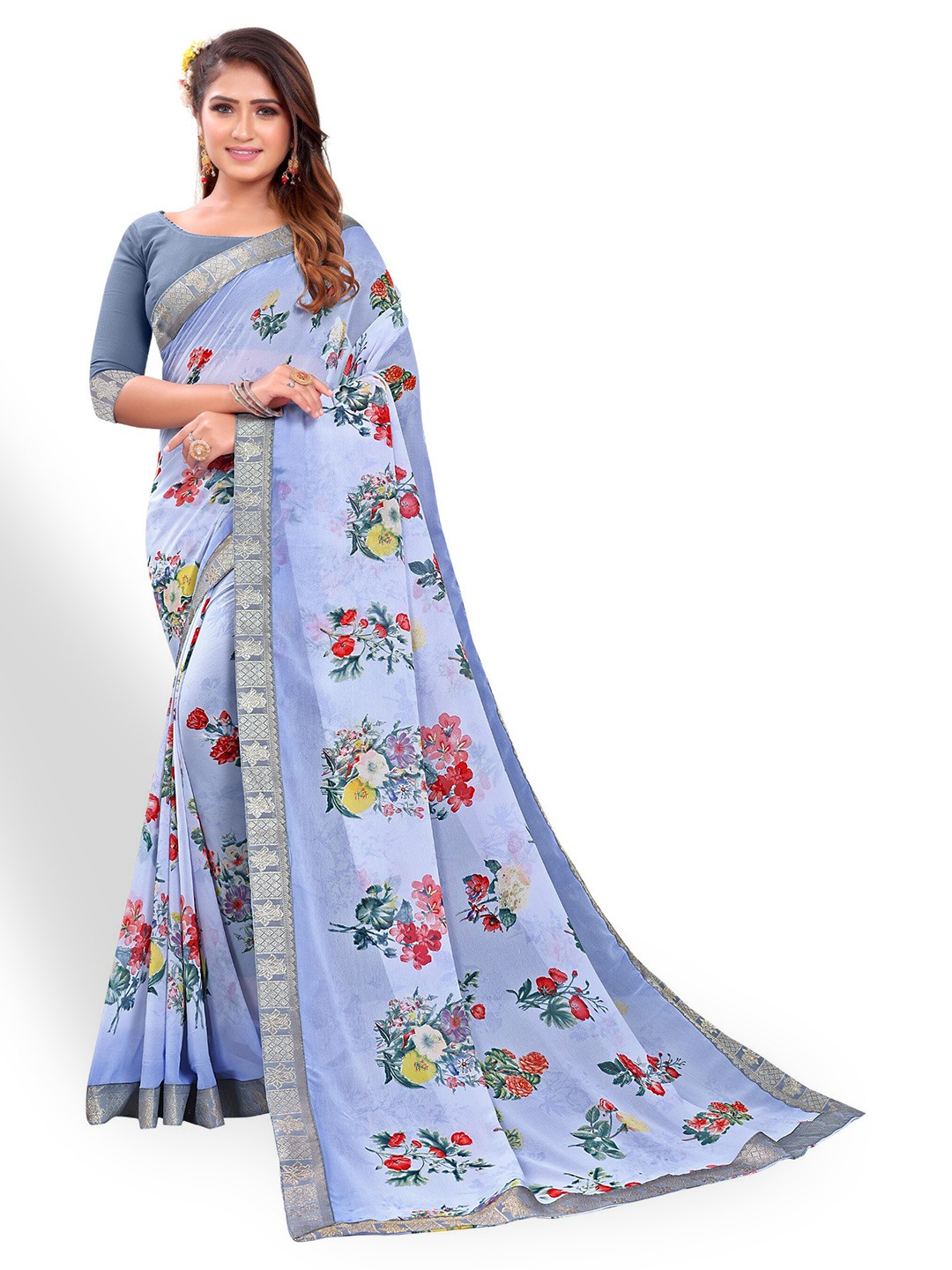 

ZEEPKART Floral Printed Zari Kanjeevaram Saree, Blue