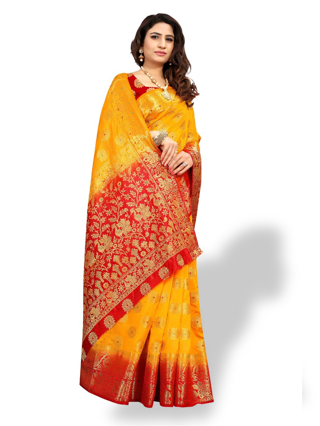 

ZEEPKART Ethnic Motifs Woven Design Zari Kanjeevaram Saree, Yellow