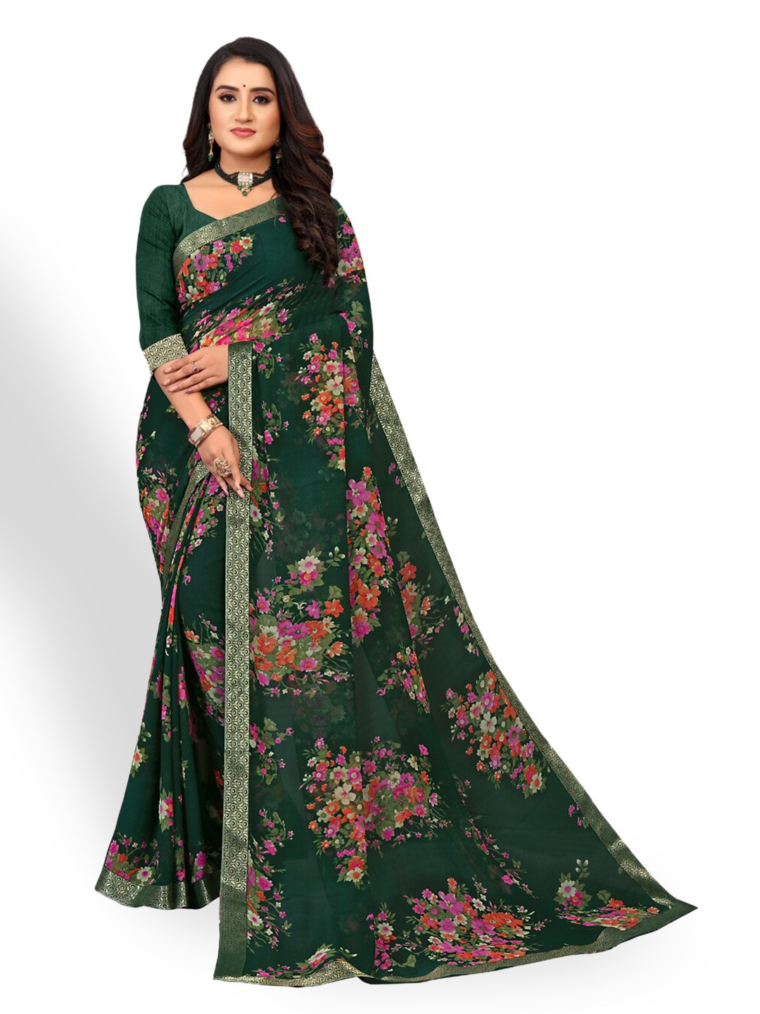 

ZEEPKART Floral Kanjeevaram Zari Saree, Green