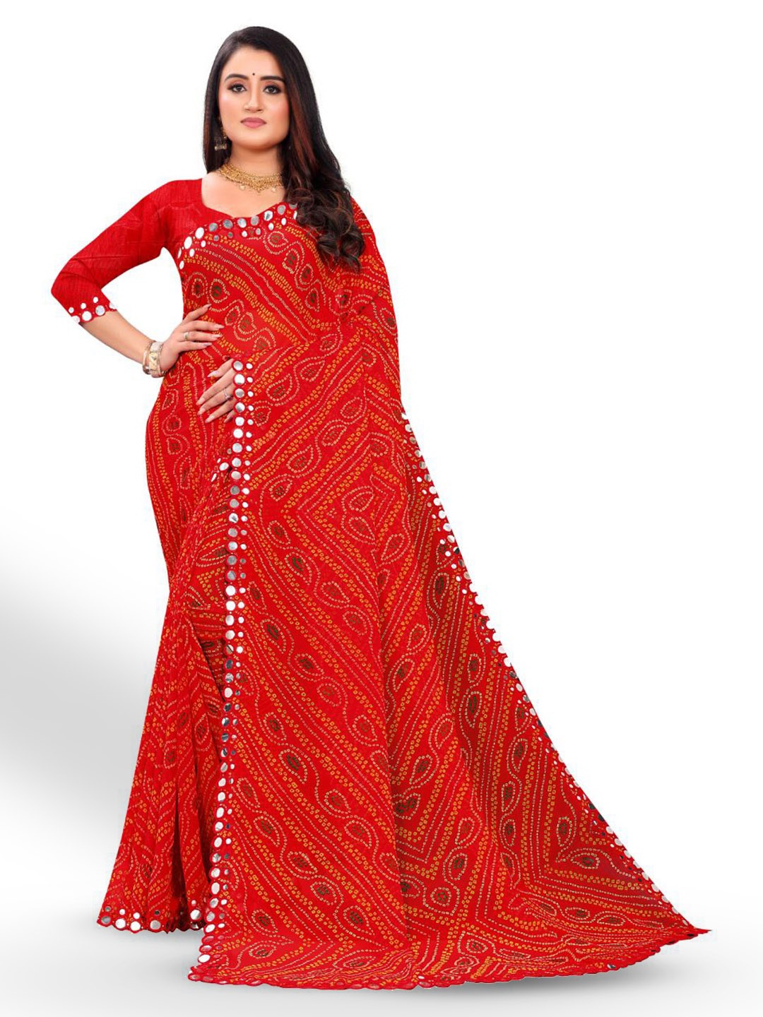 

ZEEPKART Bandhani Mirror Work Saree, Red