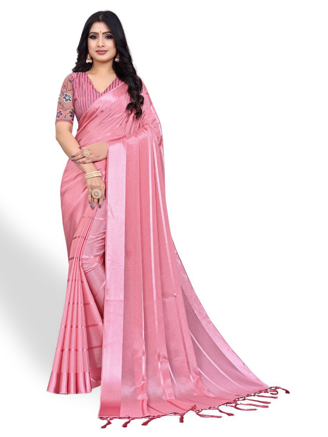 

ZEEPKART Striped Zari Kanjeevaram Silk Saree, Pink