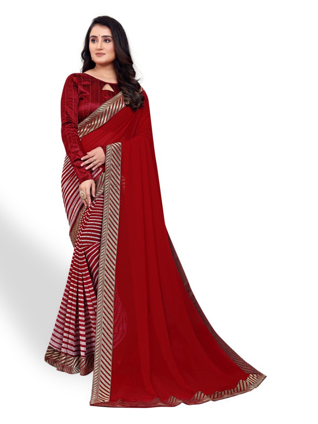 

ZEEPKART Striped Zari Saree, Maroon