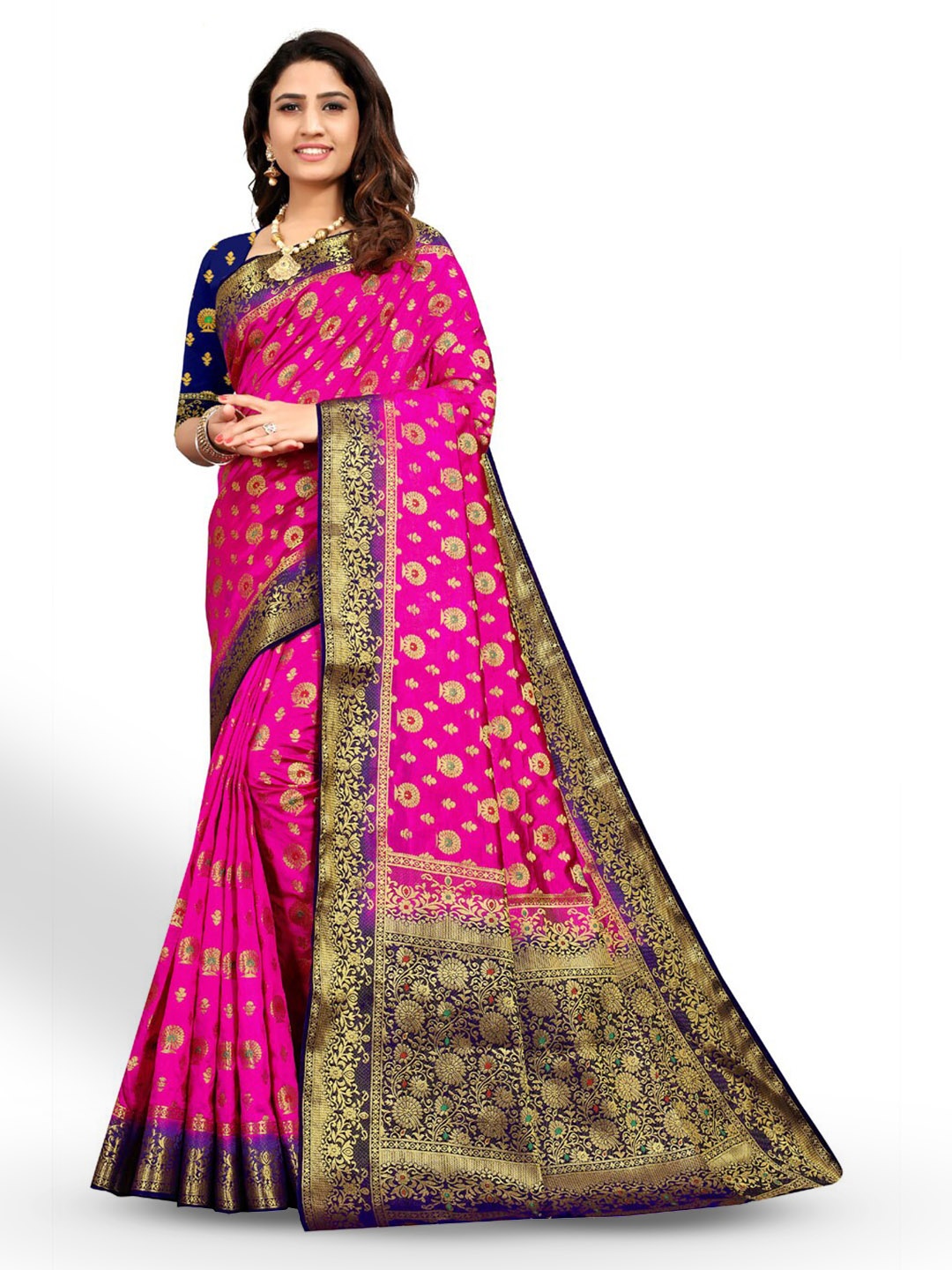 

ZEEPKART Ethnic Motifs Woven Design Zari Kanjeevaram Saree, Pink