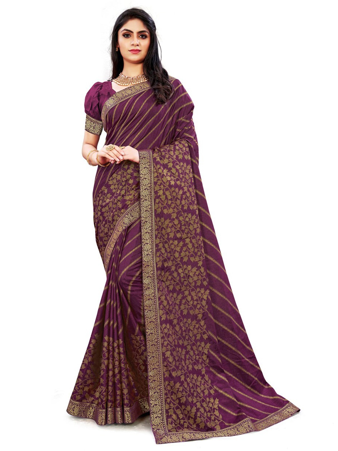 

ZEEPKART Purple & Gold-Toned Woven Design Zari Kanjeevaram Saree