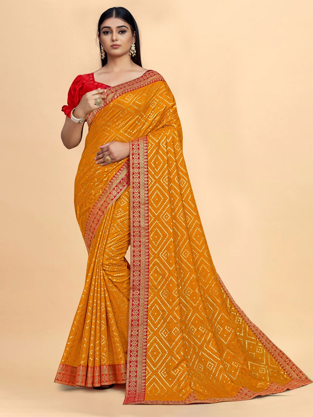 

ZEEPKART Geometric Printed Embroidered Saree, Mustard