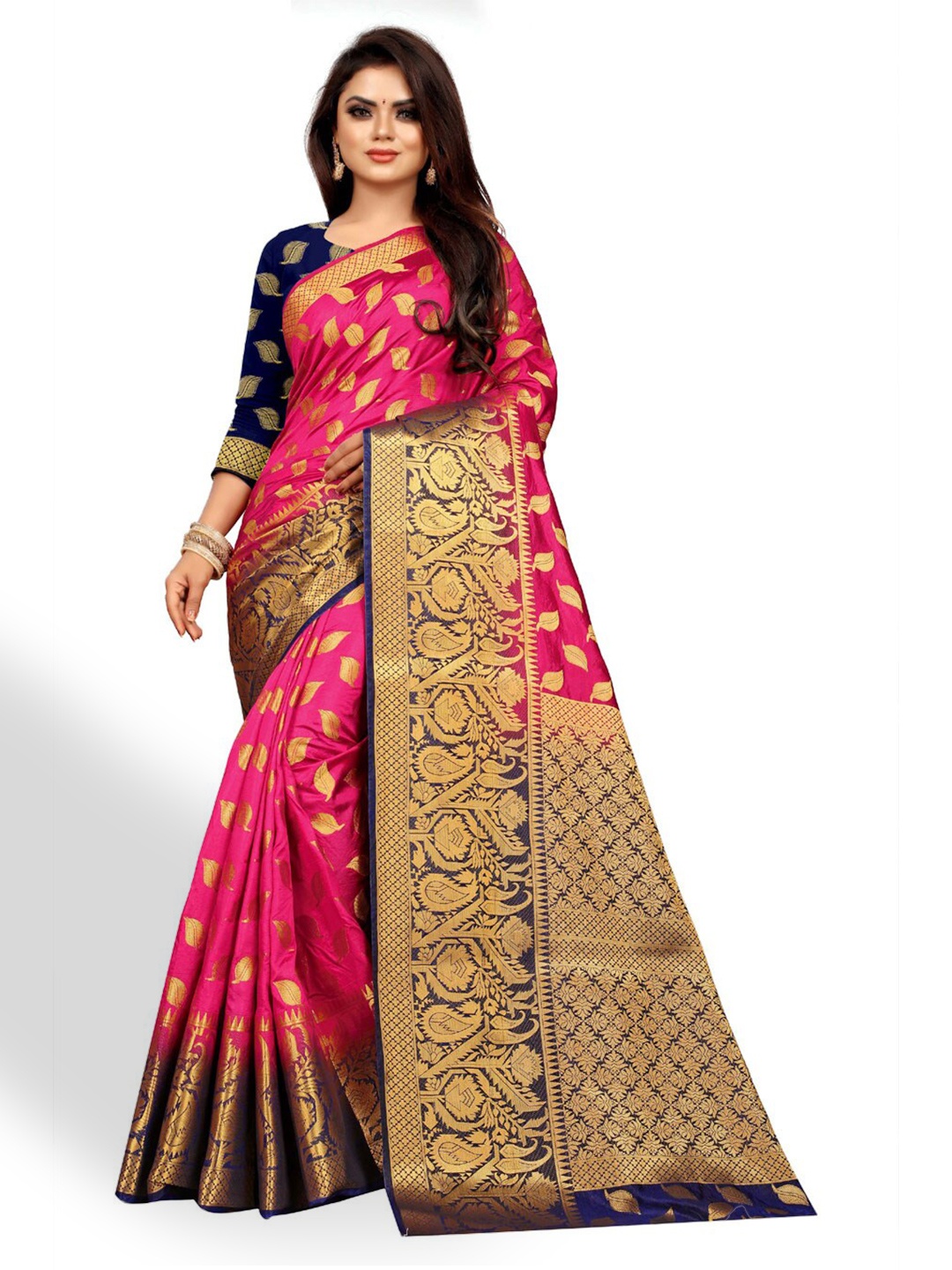 

ZEEPKART Ethnic Motifs Woven Design Zari Kanjeevaram Saree, Pink