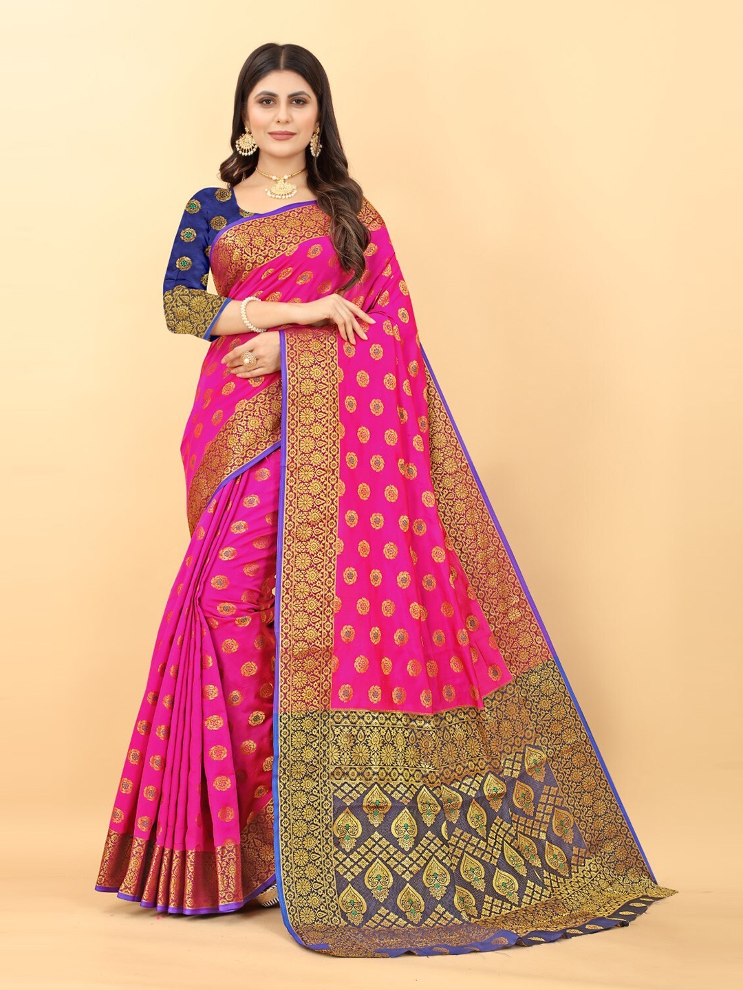 

ZEEPKART Ethnic Motifs Woven Design Zari Kanjeevaram Saree, Pink