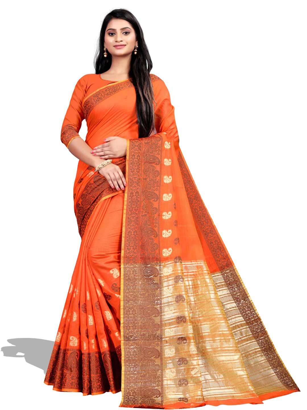 

ZEEPKART Paisley Woven Design Zari Kanjeevaram Saree, Orange