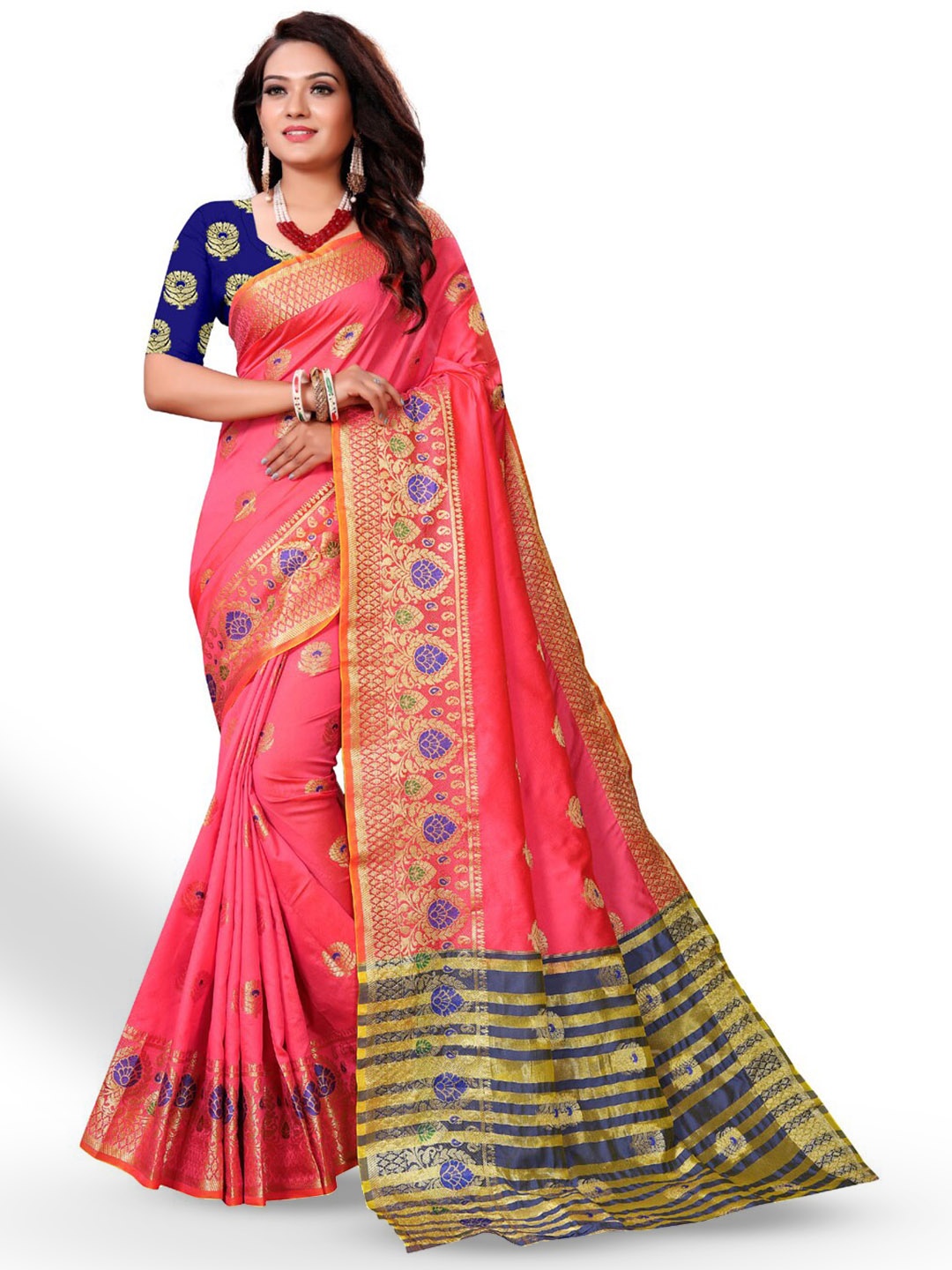 

ZEEPKART Floral Motif Woven Design Zari Kanjeevaram Saree, Pink