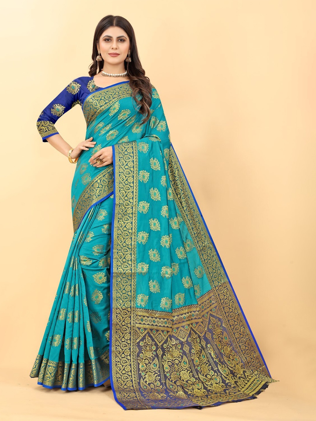 

ZEEPKART Floral Motif Woven Design Kanjeevaram Saree, Blue