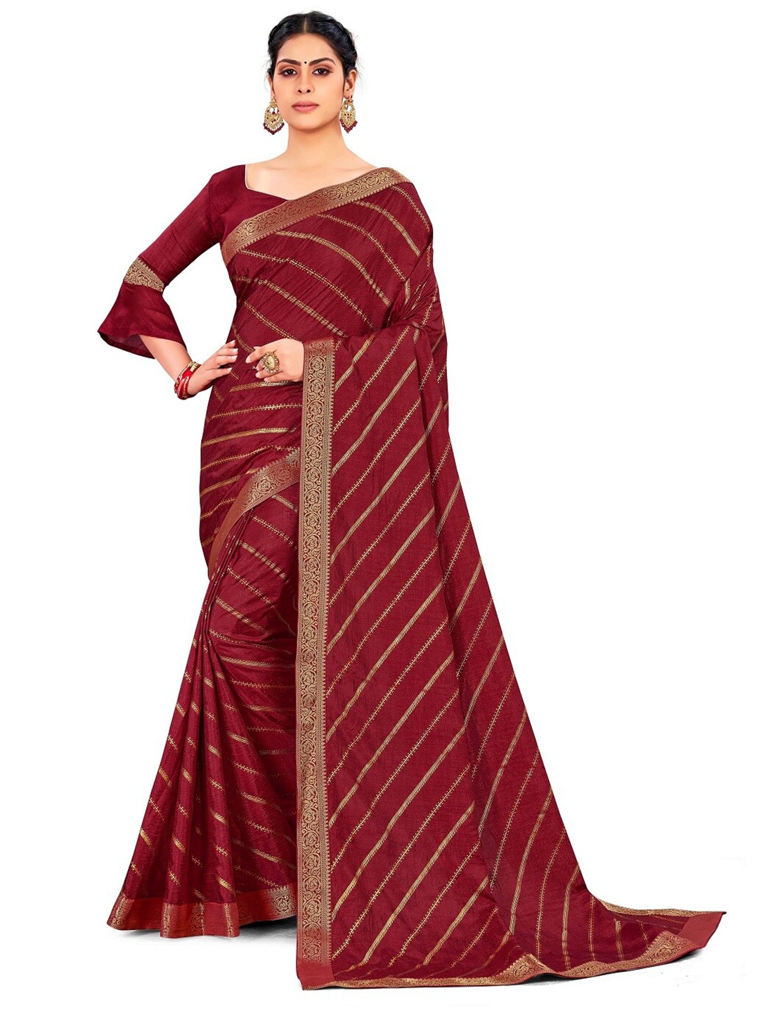 

ZEEPKART Striped Woven Design Zari Saree, Maroon