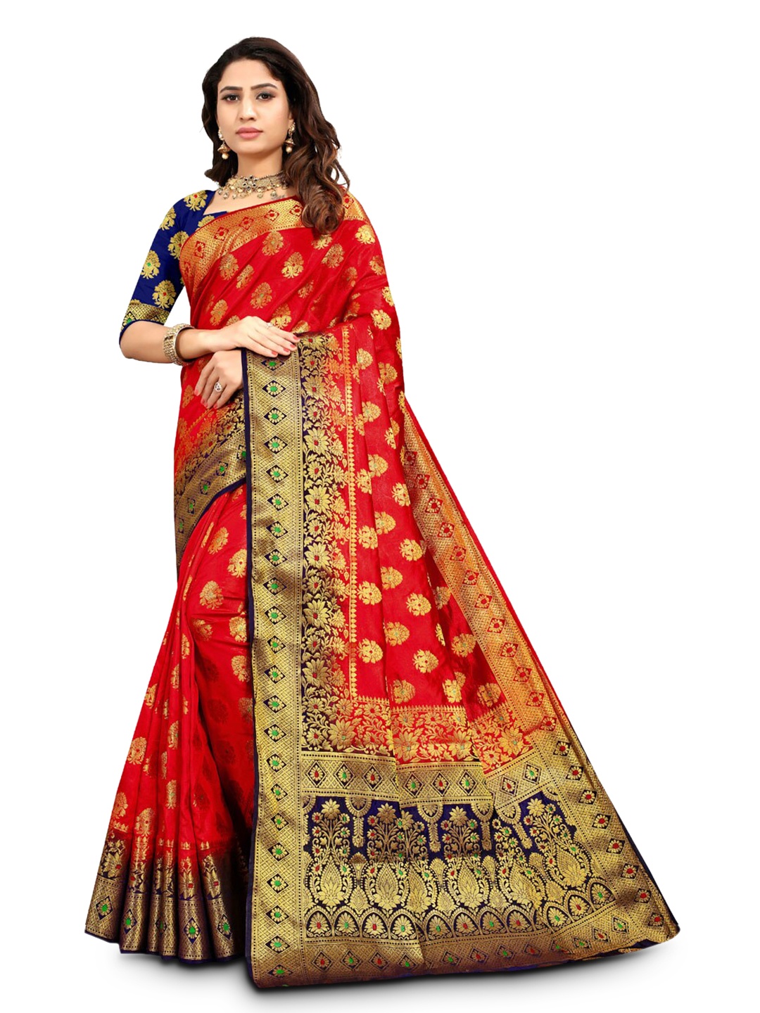 

ZEEPKART Ethnic Motifs Woven Design Zari Kanjeevaram Saree, Red